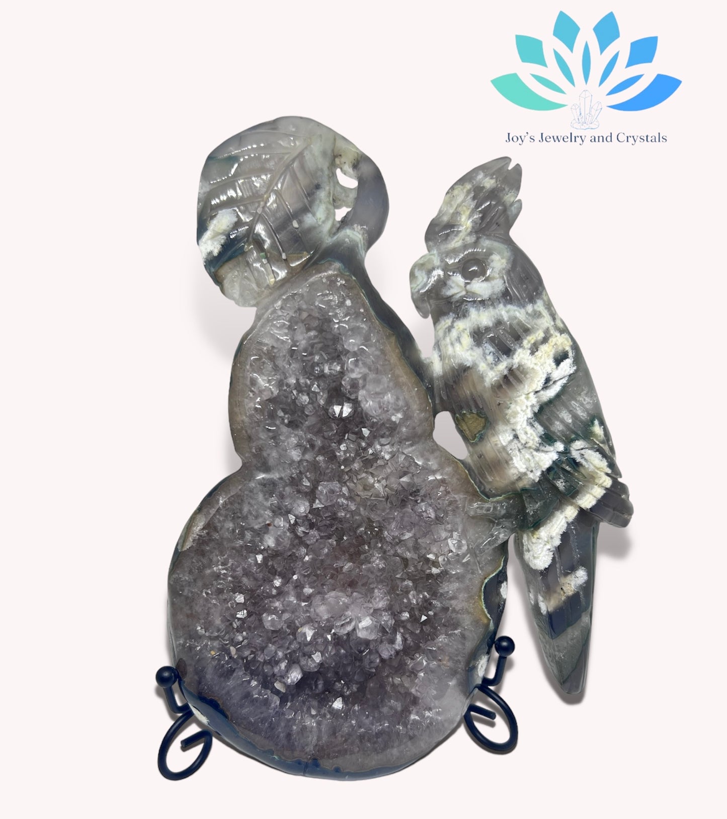 Amethyst and Agate Cockatiel Carving with Stand
