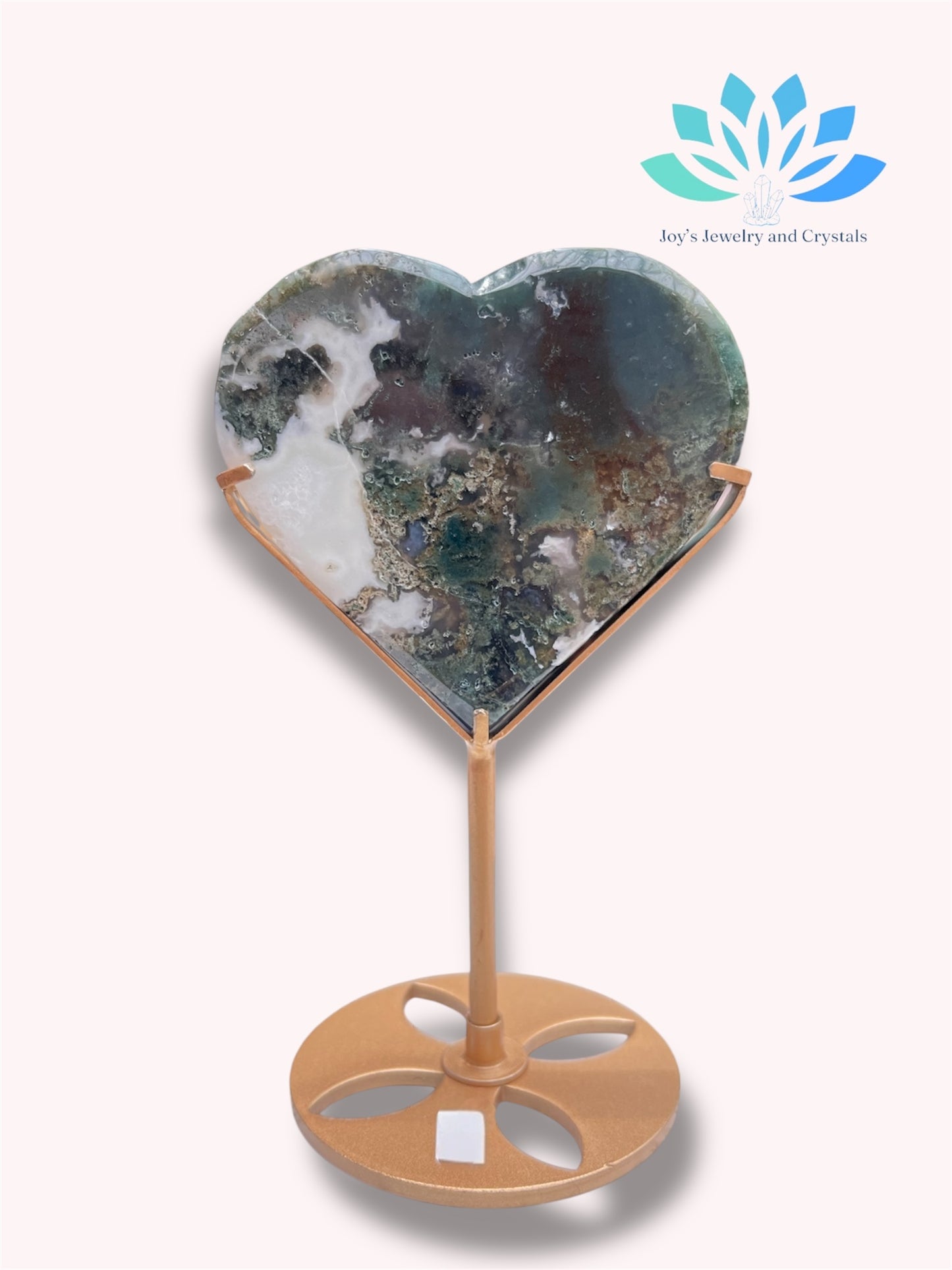 Moss Agate Heart Carving with Stand