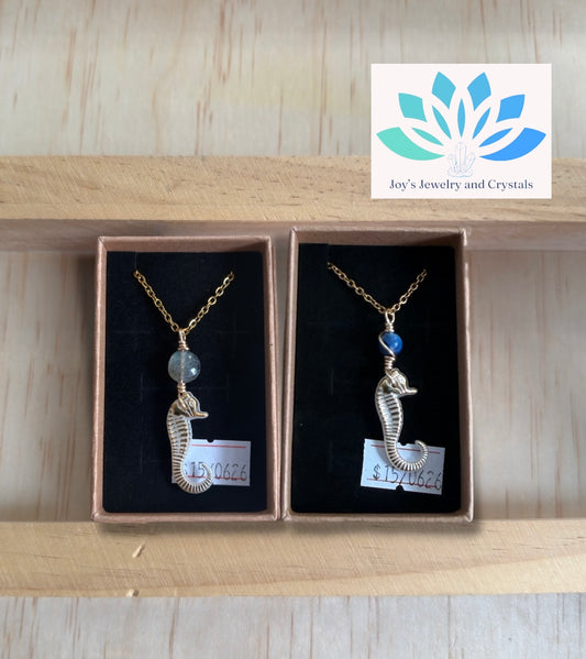 Seahorse Necklace with Labradorite or Lapis Lazuli Crystal