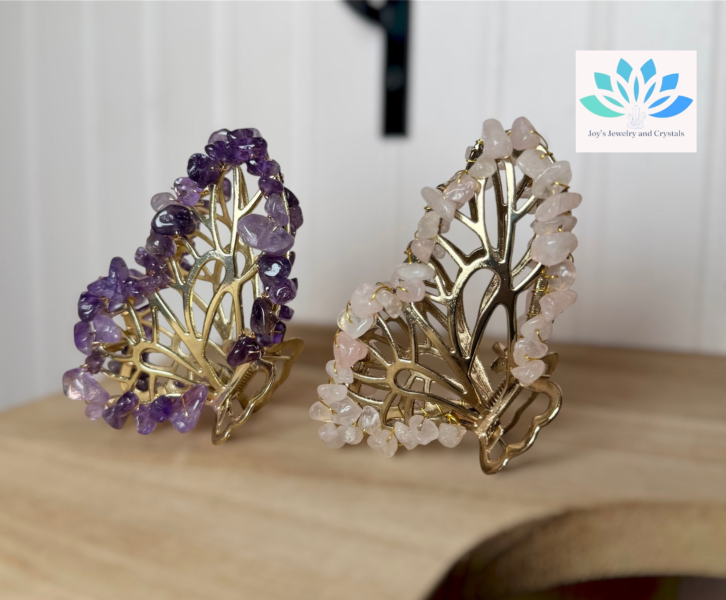 Amethyst and Rose Quartz Butterfly Hair Clips