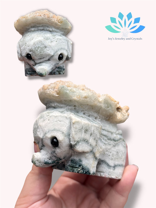 Moss Agate Elephant Carving