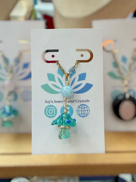 Rose Quartz or Aquamarine with Crystal Mushroom Handmade Necklace