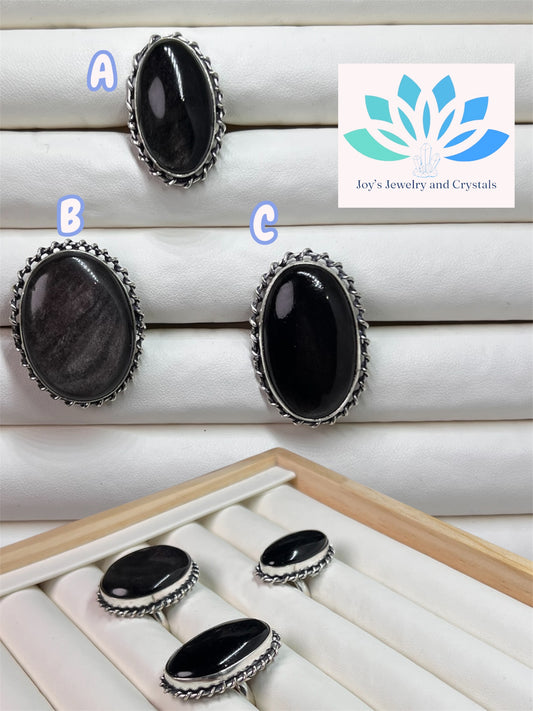 Obsidian Adjustable Rings (S925)