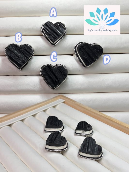 Black Tourmaline Adjustable Heart Rings (S925)