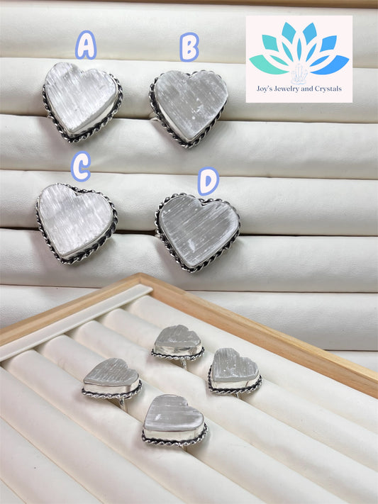 Selenite Adjustable Heart Rings (S925)